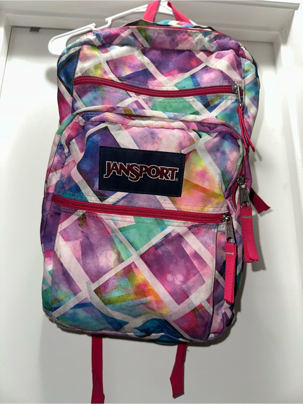 Jansport Multicolor Watercolor Geometric Backpack with Pink Accents